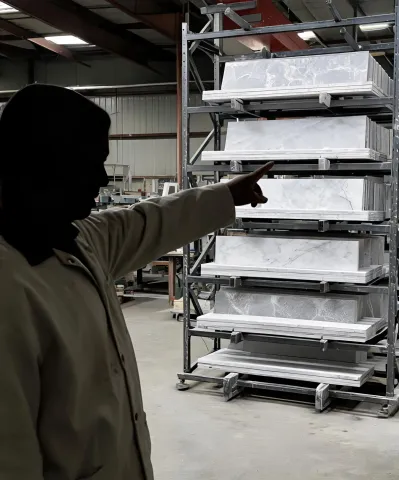 Fabrication educator at slab rack