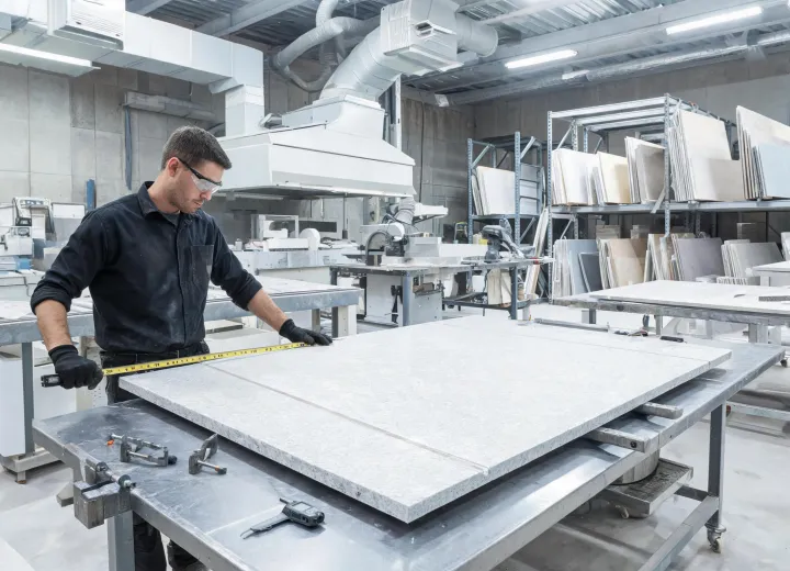 Fabricator measuring Cambria jumbo quartz slab