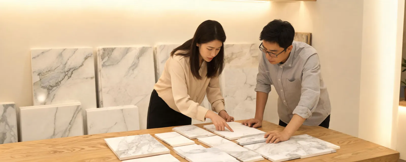 Designers reviewing Cambria quartz samples in a bright studio