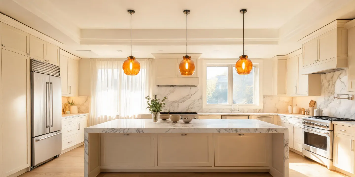 Cambria quartz kitchen island with warm natural light