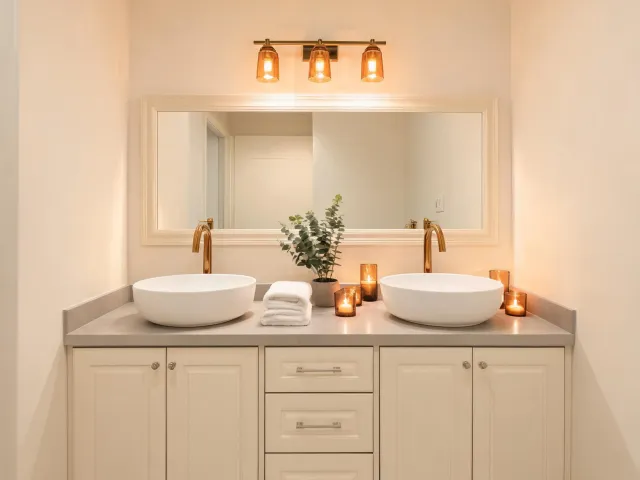Spa bath vanity with quartz surface