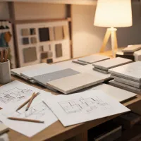 Interior design studio desk with quartz samples