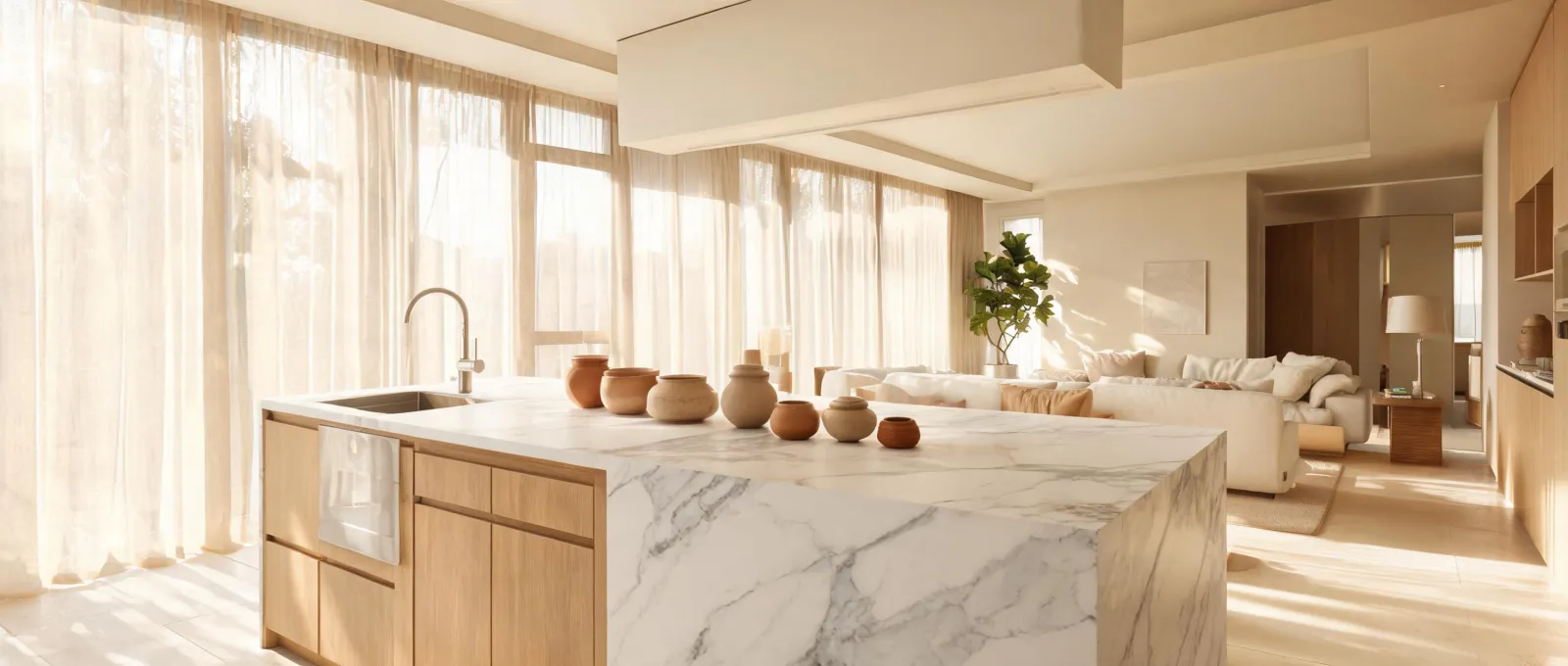 Inspired kitchen scene with Cambria quartz and layered materials
