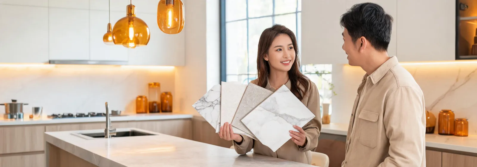 Homeowner meeting design advisor with quartz samples